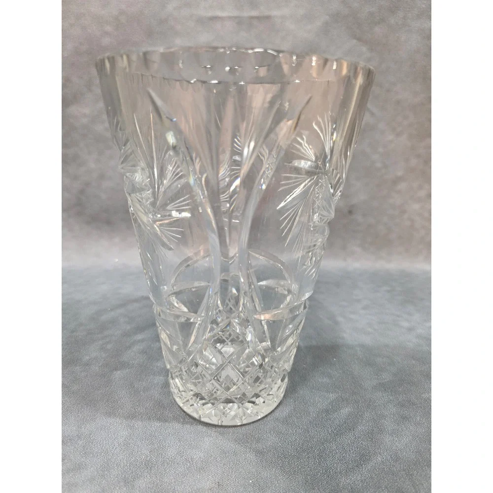 Vintage Cut Crystal Pinwheel Starburst Flared Vase Scalloped Rim 8 Inch